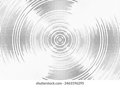 Radial halftone spotted gradient background. Dotted stains concentric texture with fading effect. Black and white circle shade wallpaper. Grunge rough vector. Monochrome geometric backdrop. 