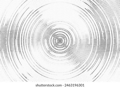 Fondo de degradado de semitono radial. Textura concéntrica de manchas punteadas con efecto de desvanecimiento. Fondo de pantalla de sombra en círculo blanco y negro. Grunge Vector áspero. Fondo geométrico monocromo. 