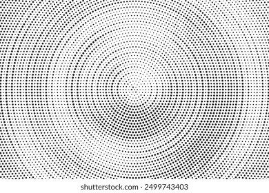 Radial halftone spotted gradient background. Dotted stains concentric texture with fading effect. Black and white circle shade wallpaper. Grunge rough vector. Monochrome geometric backdrop.