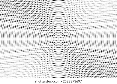 Radial halftone spotted gradient background. Dotted stains concentric texture with fading effect. Black and white circle shade wallpaper. Grunge rough vector. Monochrome geometric backdrop.