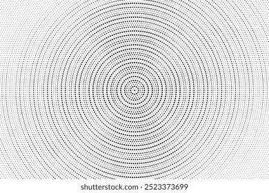 Radial halftone spotted gradient background. Dotted stains concentric texture with fading effect. Black and white circle shade wallpaper. Grunge rough vector. Monochrome geometric backdrop.