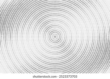 Fundo de gradiente de meio-tom radial pontilhado. Textura concêntrica com manchas pontilhadas com efeito de desvanecimento. Papel de parede de sombra círculo preto e branco. Vetor bruto Grunge. Fundo geométrico monocromático.