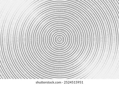 Fondo de gradiente manchado de semitono radial. Tinciones punteadas de textura concéntrica con efecto de desvanecimiento. Fondo de pantalla de sombra circular blanco y negro. Grunge Vector áspero. Fondo geométrico monocromo.