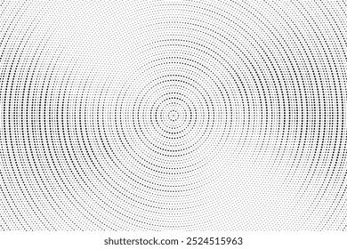 Fondo de gradiente manchado de semitono radial. Tinciones punteadas de textura concéntrica con efecto de desvanecimiento. Fondo de pantalla de sombra circular blanco y negro. Grunge Vector áspero. Fondo geométrico monocromo.