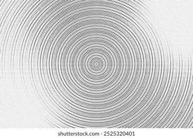 Radial halftone spotted gradient background. Dotted stains concentric texture with fading effect. Black and white circle shade wallpaper. Grunge rough vector. Monochrome geometric backdrop.	