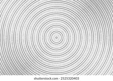 Radial halftone spotted gradient background. Dotted stains concentric texture with fading effect. Black and white circle shade wallpaper. Grunge rough vector. Monochrome geometric backdrop.	
