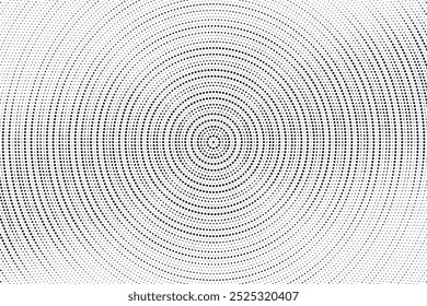 Radial halftone spotted gradient background. Dotted stains concentric texture with fading effect. Black and white circle shade wallpaper. Grunge rough vector. Monochrome geometric backdrop.	