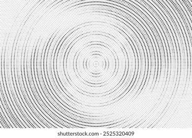 Radial halftone spotted gradient background. Dotted stains concentric texture with fading effect. Black and white circle shade wallpaper. Grunge rough vector. Monochrome geometric backdrop.	