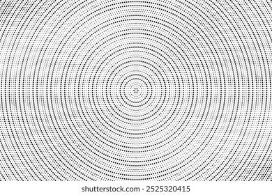 Radial halftone spotted gradient background. Dotted stains concentric texture with fading effect. Black and white circle shade wallpaper. Grunge rough vector. Monochrome geometric backdrop.	