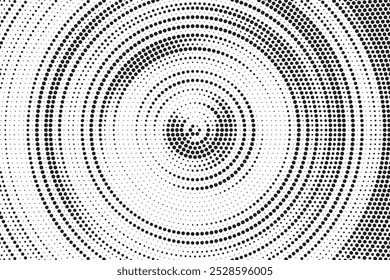 Radial halftone spotted gradient background. Dotted stains concentric texture with fading effect. Black and white circle shade wallpaper. Grunge rough vector. Monochrome geometric backdrop.	