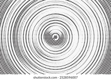 Fundo de gradiente de meio-tom radial pontilhado. Textura concêntrica com manchas pontilhadas com efeito de desvanecimento. Papel de parede de sombra círculo preto e branco. Vetor bruto Grunge. Fundo geométrico monocromático.	