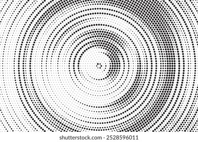 Radial halftone spotted gradient background. Dotted stains concentric texture with fading effect. Black and white circle shade wallpaper. Grunge rough vector. Monochrome geometric backdrop.	