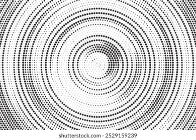 Radial halftone spotted gradient background. Dotted stains concentric texture with fading effect. Black and white circle shade wallpaper. Grunge rough vector. Monochrome geometric backdrop.	