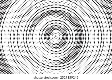 Radial halftone spotted gradient background. Dotted stains concentric texture with fading effect. Black and white circle shade wallpaper. Grunge rough vector. Monochrome geometric backdrop.	