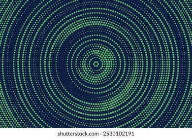 Radial halftone spotted gradient background. Dotted stains concentric texture with fading effect. Blue and green circle shade wallpaper. Grunge rough vector. Monochrome geometric backdrop.