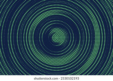 Fondo de gradiente manchado de semitono radial. Tinciones punteadas de textura concéntrica con efecto de desvanecimiento. Fondo de pantalla de sombra circular azul y verde. Grunge Vector áspero. Fondo geométrico monocromo.
