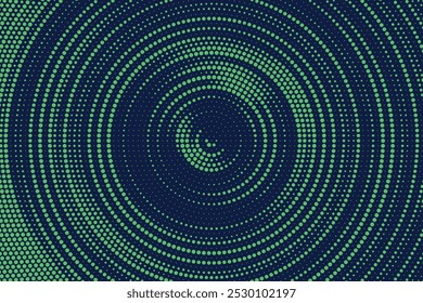 Radial halftone spotted gradient background. Dotted stains concentric texture with fading effect. Blue and green circle shade wallpaper. Grunge rough vector. Monochrome geometric backdrop.