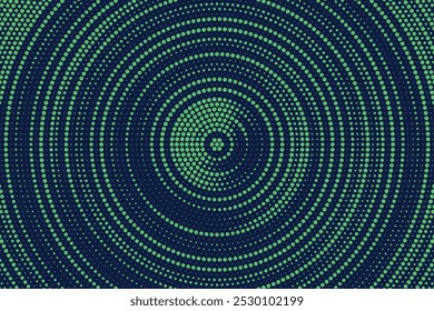 Radial halftone spotted gradient background. Dotted stains concentric texture with fading effect. Blue and green circle shade wallpaper. Grunge rough vector. Monochrome geometric backdrop.