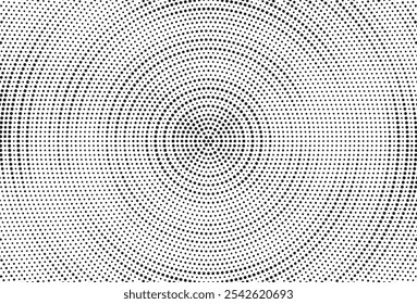 Radial halftone spotted gradient background. Dotted stains concentric texture with fading effect. Black and white circle shade wallpaper. Grunge rough vector. Monochrome geometric backdrop.