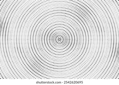 Fondo de gradiente manchado de semitono radial. Tinciones punteadas de textura concéntrica con efecto de desvanecimiento. Fondo de pantalla de sombra circular blanco y negro. Grunge Vector áspero. Fondo geométrico monocromo.