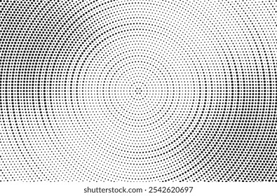 Radial halftone spotted gradient background. Dotted stains concentric texture with fading effect. Black and white circle shade wallpaper. Grunge rough vector. Monochrome geometric backdrop.