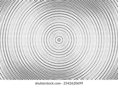 Fundo de gradiente de meio-tom radial pontilhado. Textura concêntrica com manchas pontilhadas com efeito de desvanecimento. Papel de parede de sombra círculo preto e branco. Vetor bruto Grunge. Fundo geométrico monocromático.