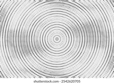 Radial halftone spotted gradient background. Dotted stains concentric texture with fading effect. Black and white circle shade wallpaper. Grunge rough vector. Monochrome geometric backdrop.