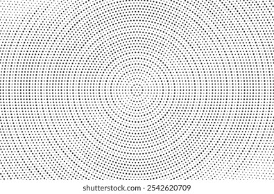 Radial halftone spotted gradient background. Dotted stains concentric texture with fading effect. Black and white circle shade wallpaper. Grunge rough vector. Monochrome geometric backdrop.