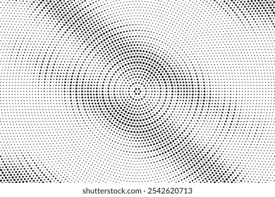 Farbverlauf-Hintergrund mit radialem Halbton-Fleck. Punktierte Flecken konzentrische Textur mit Fading-Effekt. Schwarz-weißer Kreis Schatten Tapete. Grunge rauer Vektor. Einfarbige geometrische Kulisse.