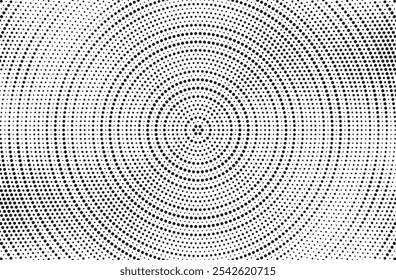 Radial halftone spotted gradient background. Dotted stains concentric texture with fading effect. Black and white circle shade wallpaper. Grunge rough vector. Monochrome geometric backdrop.