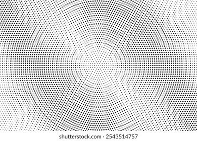 Radial halftone spotted gradient background. Dotted stains concentric texture with fading effect. Black and white circle shade wallpaper. Grunge rough vector. Monochrome geometric backdrop.