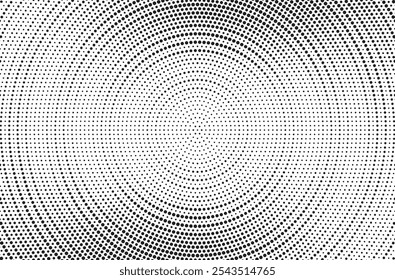 Radial halftone spotted gradient background. Dotted stains concentric texture with fading effect. Black and white circle shade wallpaper. Grunge rough vector. Monochrome geometric backdrop.