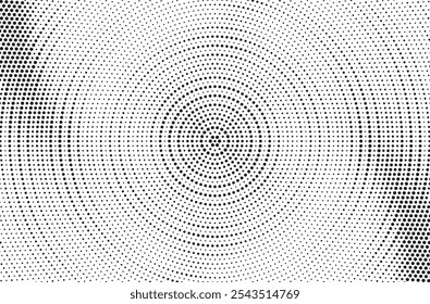 Fondo de gradiente manchado de semitono radial. Tinciones punteadas de textura concéntrica con efecto de desvanecimiento. Fondo de pantalla de sombra circular blanco y negro. Grunge Vector áspero. Fondo geométrico monocromo.