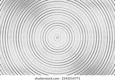 Radial halftone spotted gradient background. Dotted stains concentric texture with fading effect. Black and white circle shade wallpaper. Grunge rough vector. Monochrome geometric backdrop.