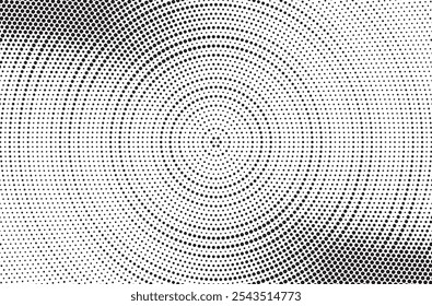 Radial halftone spotted gradient background. Dotted stains concentric texture with fading effect. Black and white circle shade wallpaper. Grunge rough vector. Monochrome geometric backdrop.