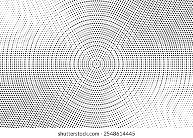Radial halftone spotted gradient background. Dotted stains concentric texture with fading effect. Black and white circle shade wallpaper. Grunge rough vector. Monochrome geometric backdrop.