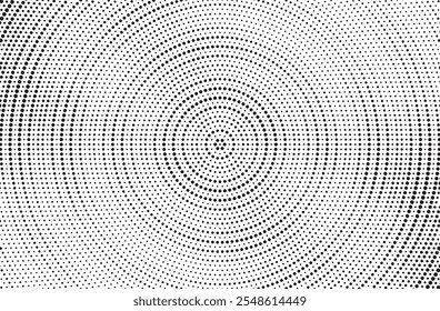 Fondo de gradiente manchado de semitono radial. Tinciones punteadas de textura concéntrica con efecto de desvanecimiento. Fondo de pantalla de sombra circular blanco y negro. Grunge Vector áspero. Fondo geométrico monocromo.