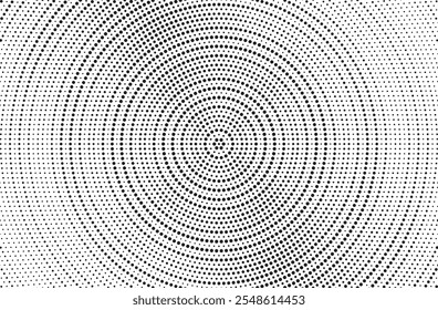 Farbverlauf-Hintergrund mit radialem Halbton-Fleck. Punktierte Flecken konzentrische Textur mit Fading-Effekt. Schwarz-weißer Kreis Schatten Tapete. Grunge rauer Vektor. Einfarbige geometrische Kulisse.
