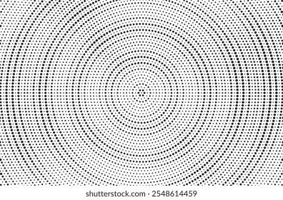 Farbverlauf-Hintergrund mit radialem Halbton-Fleck. Punktierte Flecken konzentrische Textur mit Fading-Effekt. Schwarz-weißer Kreis Schatten Tapete. Grunge rauer Vektor. Einfarbige geometrische Kulisse.