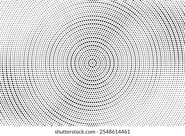 Radial halftone spotted gradient background. Dotted stains concentric texture with fading effect. Black and white circle shade wallpaper. Grunge rough vector. Monochrome geometric backdrop.