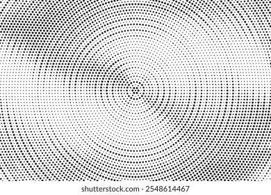 Fundo de gradiente de meio-tom radial pontilhado. Textura concêntrica com manchas pontilhadas com efeito de desvanecimento. Papel de parede de sombra círculo preto e branco. Vetor bruto Grunge. Fundo geométrico monocromático.