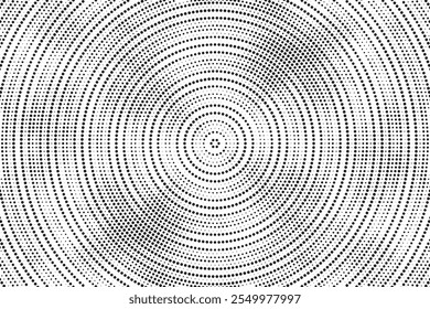 Fondo de gradiente manchado de semitono radial. Tinciones punteadas de textura concéntrica con efecto de desvanecimiento. Fondo de pantalla de sombra circular blanco y negro. Grunge Vector áspero. Fondo geométrico monocromo.