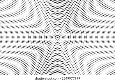 Fondo de gradiente manchado de semitono radial. Tinciones punteadas de textura concéntrica con efecto de desvanecimiento. Fondo de pantalla de sombra circular blanco y negro. Grunge Vector áspero. Fondo geométrico monocromo.
