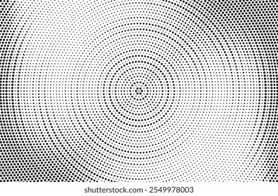 Arrière-plan dégradé radial tramé tacheté. Texture concentrique taches de points avec effet de décoloration. Fond d'écran d'ombre cercle noir et blanc. Image vectorielle grunge brute. Arrière-plan géométrique monochrome.