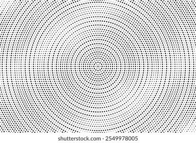 Fondo de gradiente manchado de semitono radial. Tinciones punteadas de textura concéntrica con efecto de desvanecimiento. Fondo de pantalla de sombra circular blanco y negro. Grunge Vector áspero. Fondo geométrico monocromo.