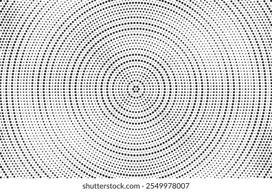 Radial halftone spotted gradient background. Dotted stains concentric texture with fading effect. Black and white circle shade wallpaper. Grunge rough vector. Monochrome geometric backdrop.