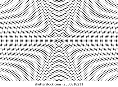 Radial halftone spotted gradient background. Dotted stains concentric texture with fading effect. Black and white circle shade wallpaper. Grunge rough vector. Monochrome geometric backdrop.