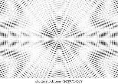 Radial halftone spotted gradient background. Dotted stains concentric texture with fading effect. Black and white circle shade wallpaper. Grunge rough vector. Monochrome geometric backdrop.	