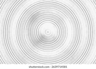 Radial halftone spotted gradient background. Dotted stains concentric texture with fading effect. Black and white circle shade wallpaper. Grunge rough vector. Monochrome geometric backdrop.	