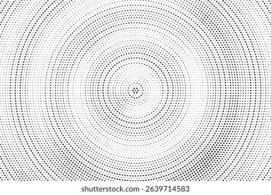 Radial halftone spotted gradient background. Dotted stains concentric texture with fading effect. Black and white circle shade wallpaper. Grunge rough vector. Monochrome geometric backdrop.	